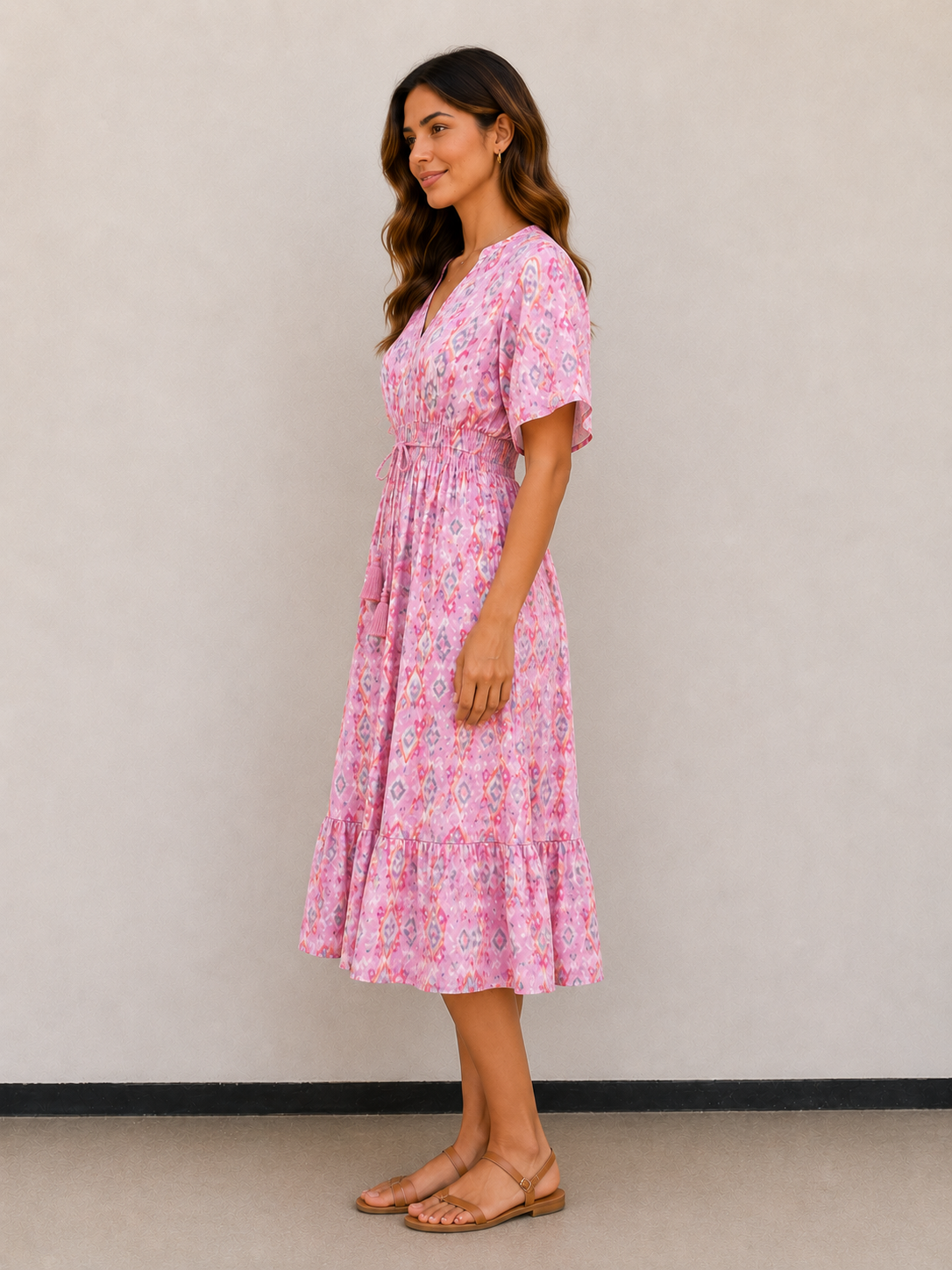 Women’s Pink Ethnic Printed Smocked Waist Tiered Flared Midi Dress