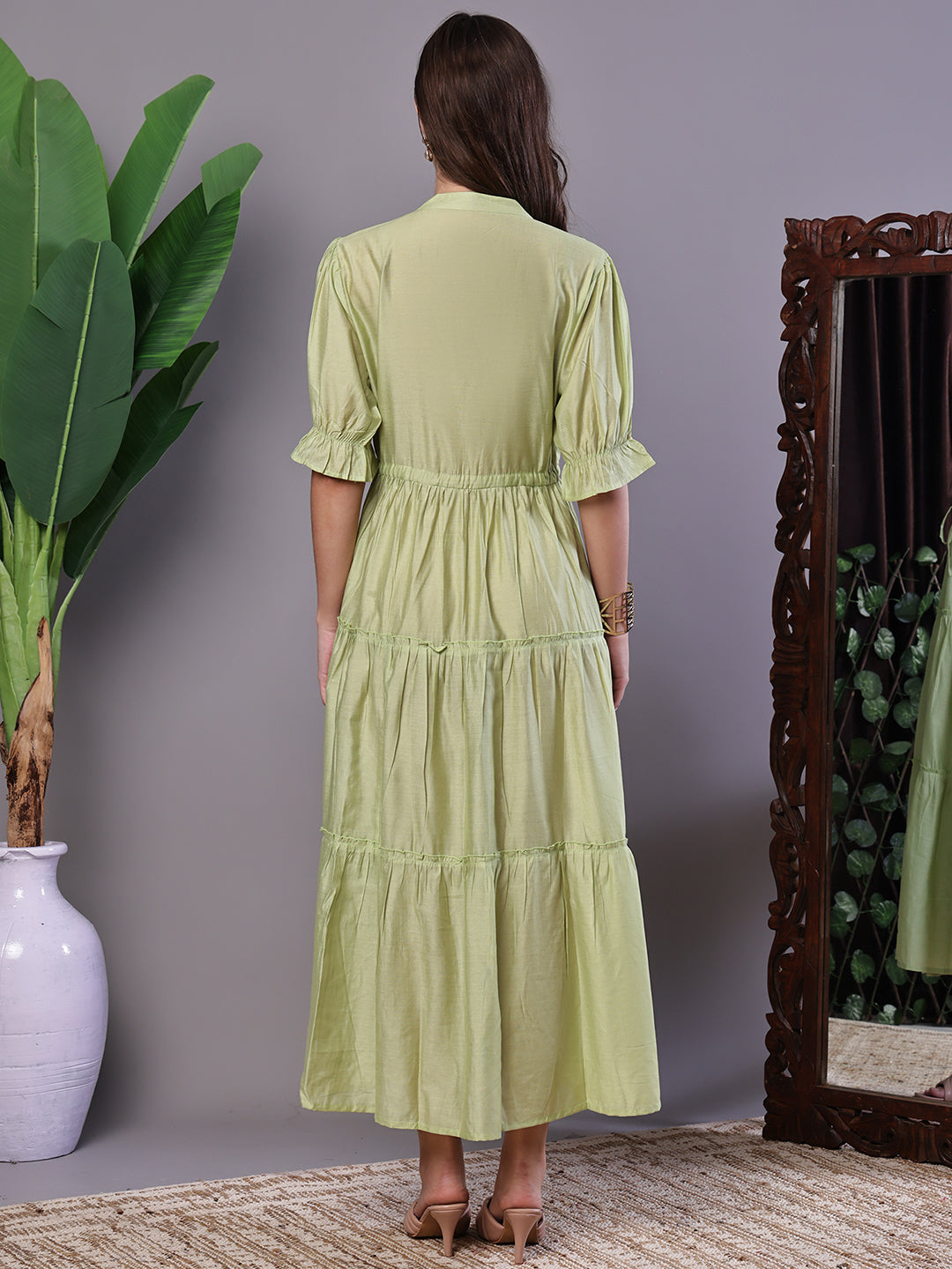 Boho-Chic Forest Green Tiered Maxi Dress with Puff Sleeves - Dresses / Western Wear / Maxi Dresses