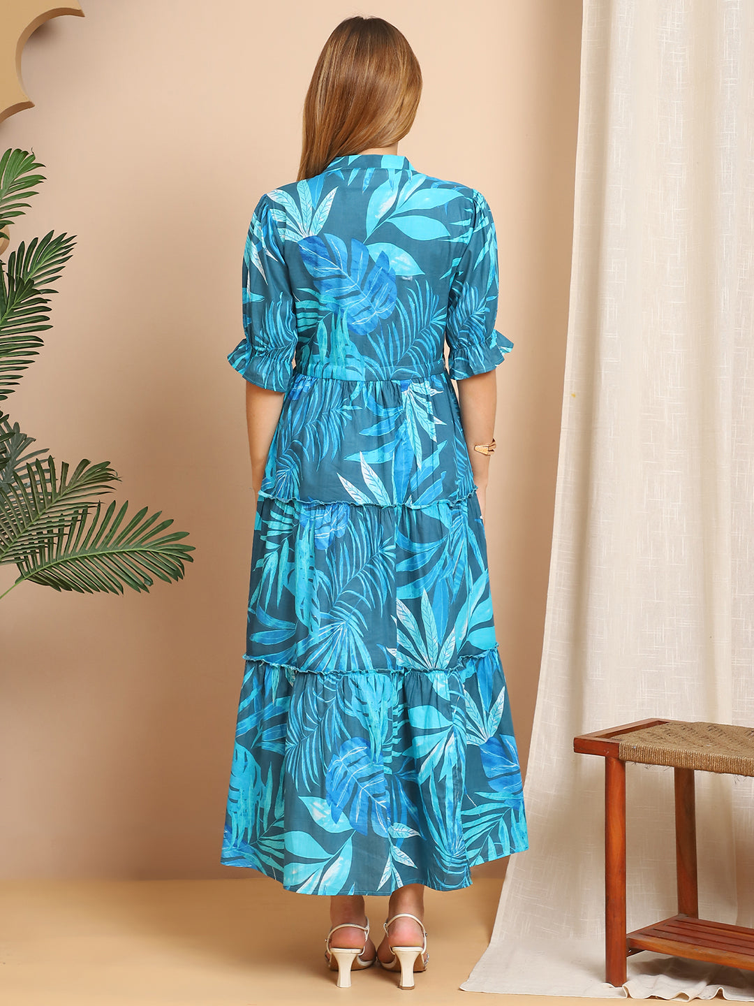 Aawari Turquoise Blue Leaf Print Tiered Maxi Dress with Puff Sleeves - Dresses / Western Wear / Maxi Dresses