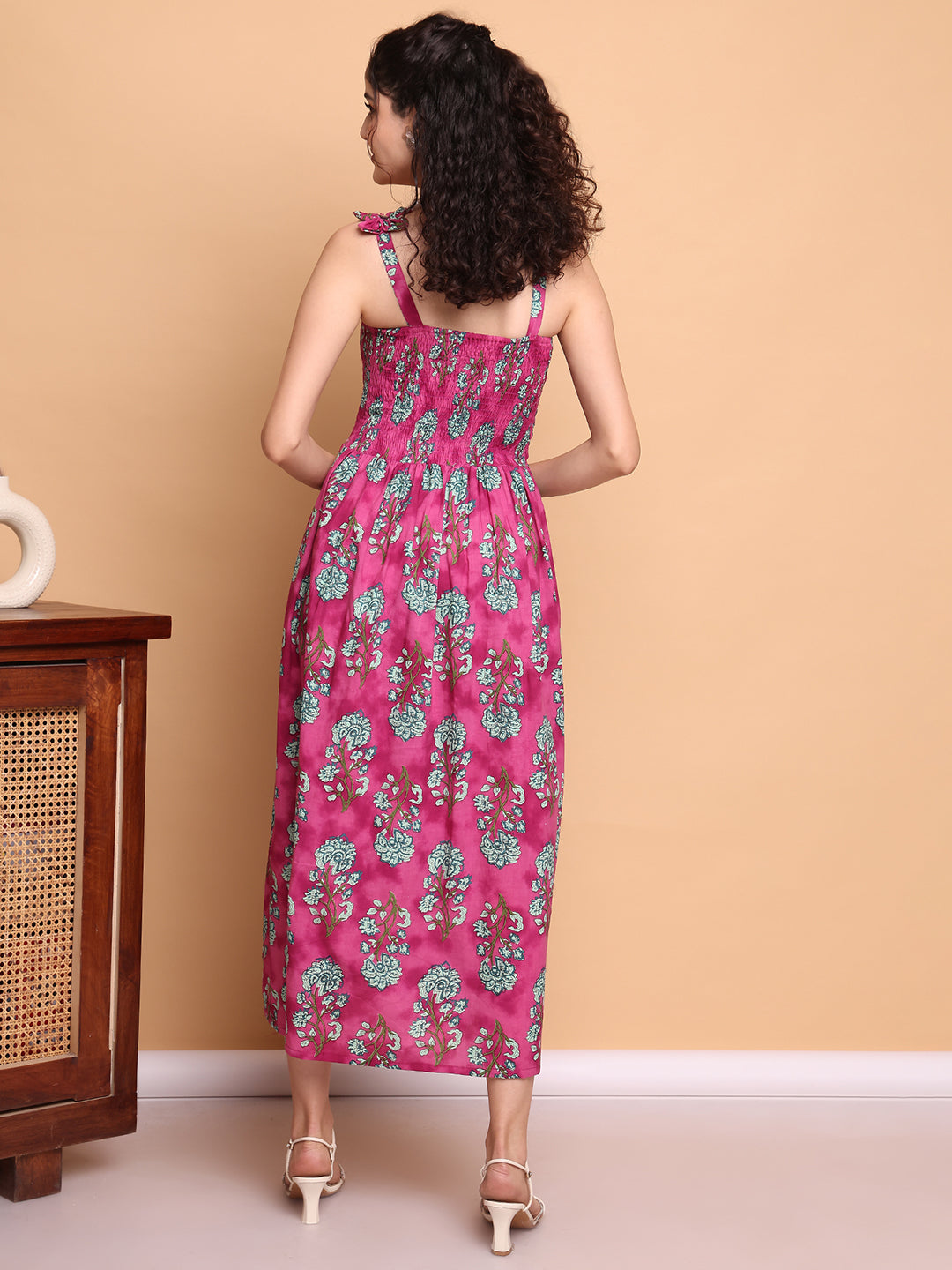 Aawari Vibrant Pink & Green Floral Printed Cotton Bobbin Gown with Tie-Up Straps for Women - Western wear