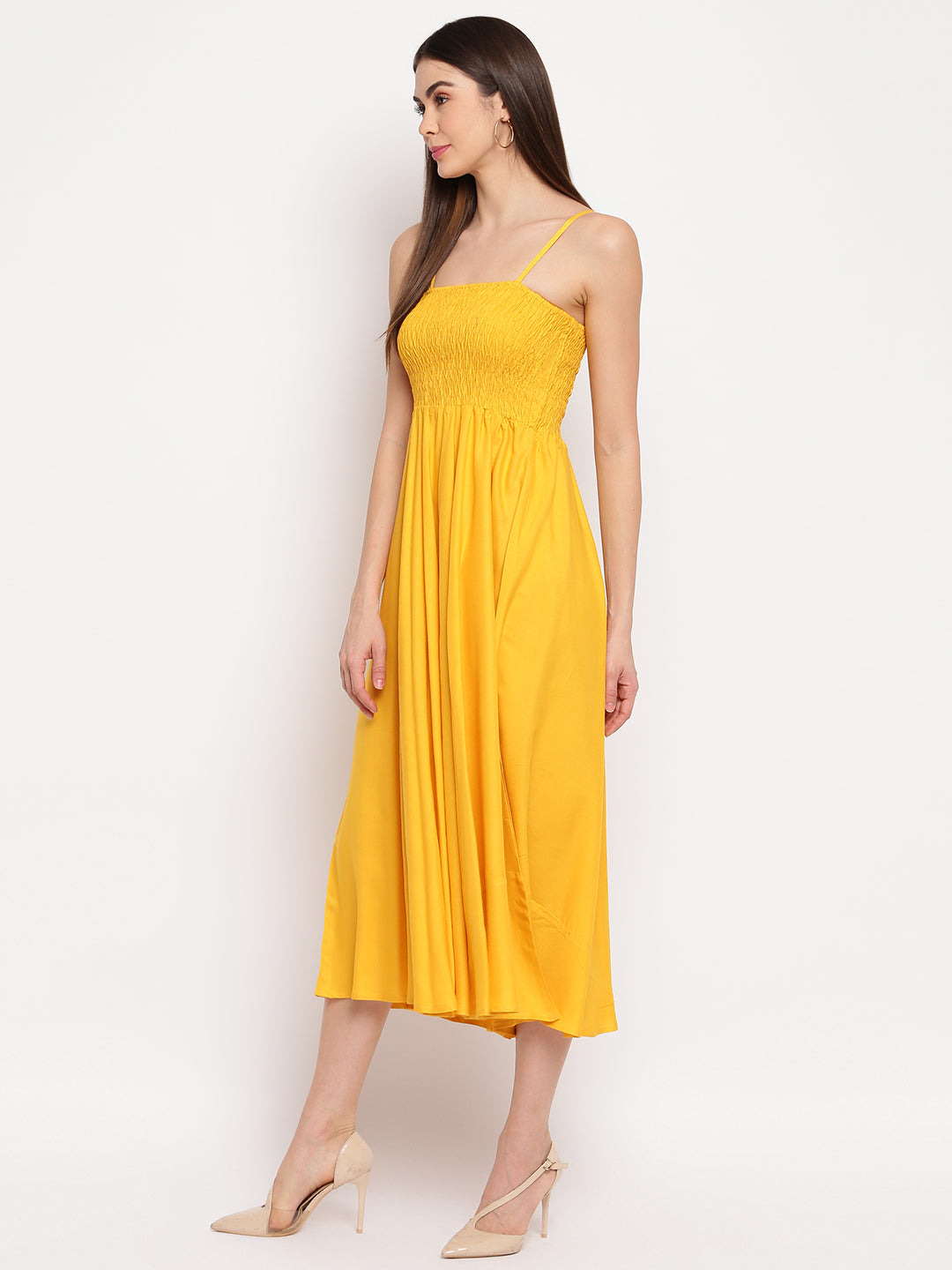 Sunshine Yellow Solid Smocked Rayon Maxi Dress for Women - Western Wear