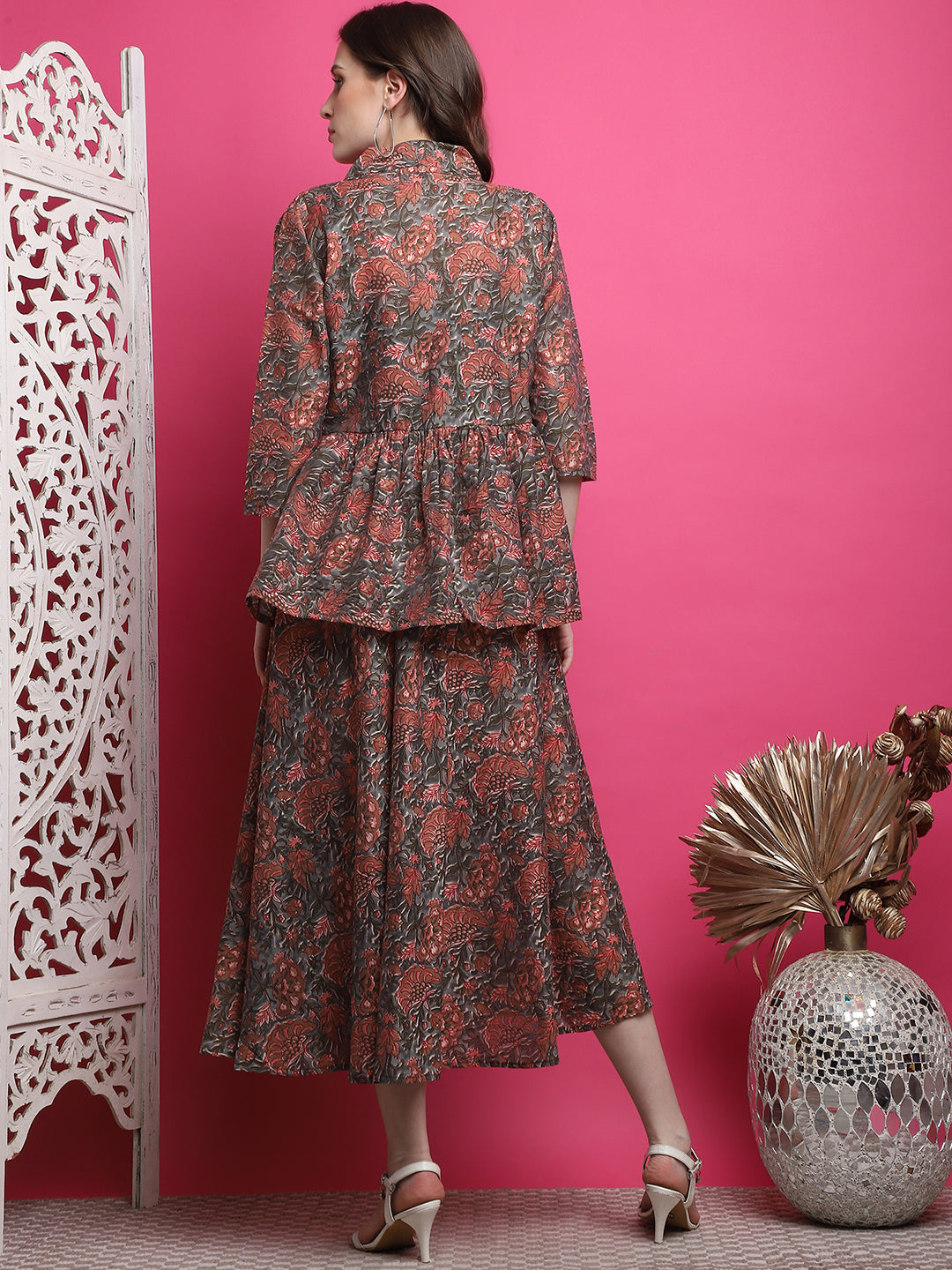 Aawari Women Chanderi Printed Dress With Shrug