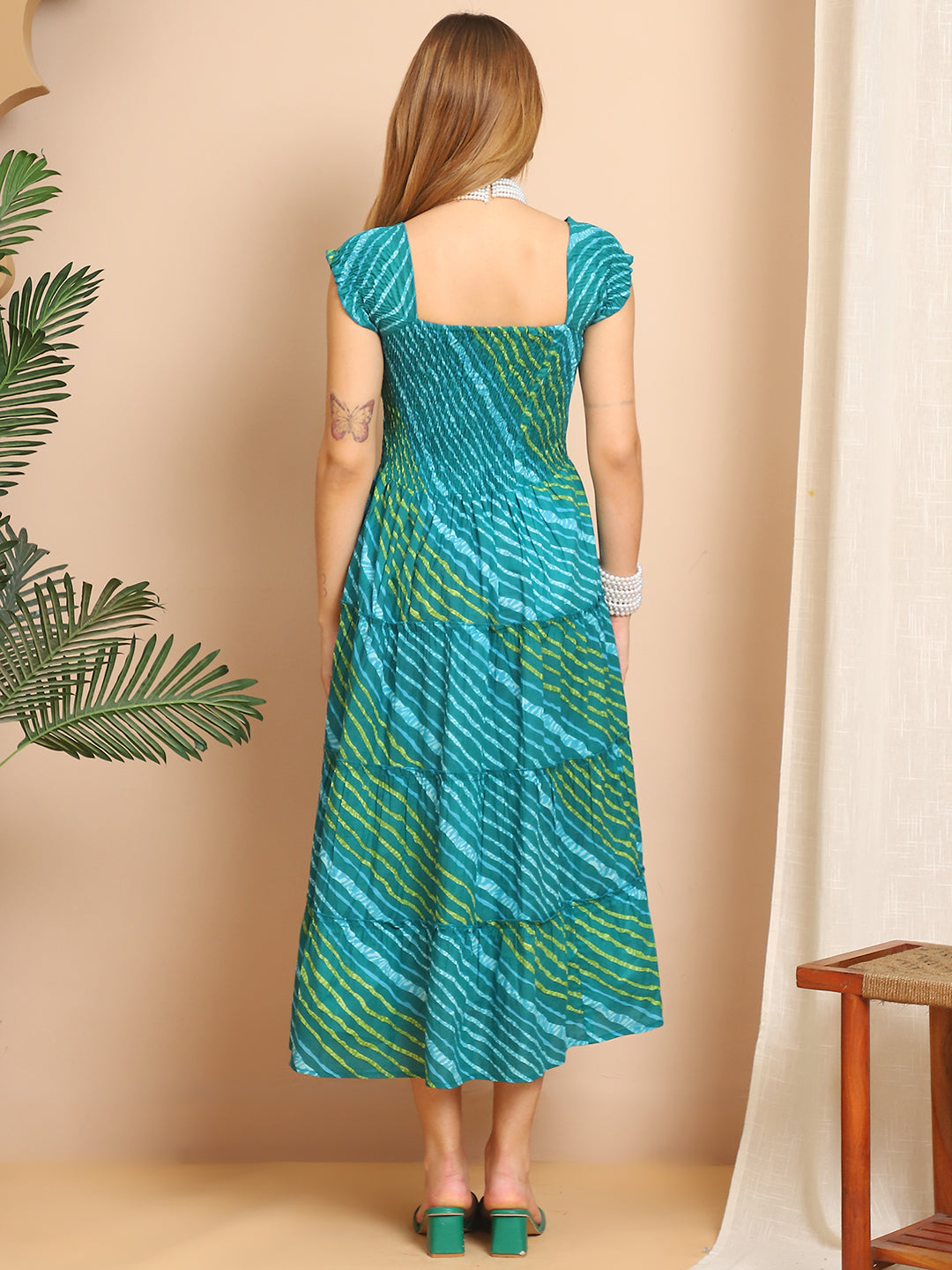 Aawari Aqua Green Cotton Bandhani Fit & Flare Midi Dress
