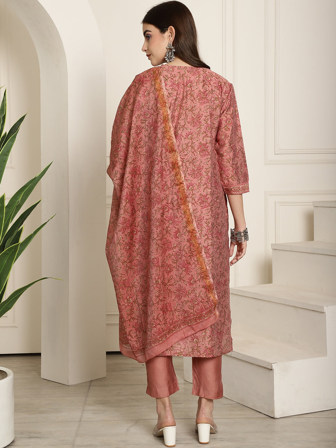 Aawari Women Printed Brown Moelleux Three Piece Suit Set