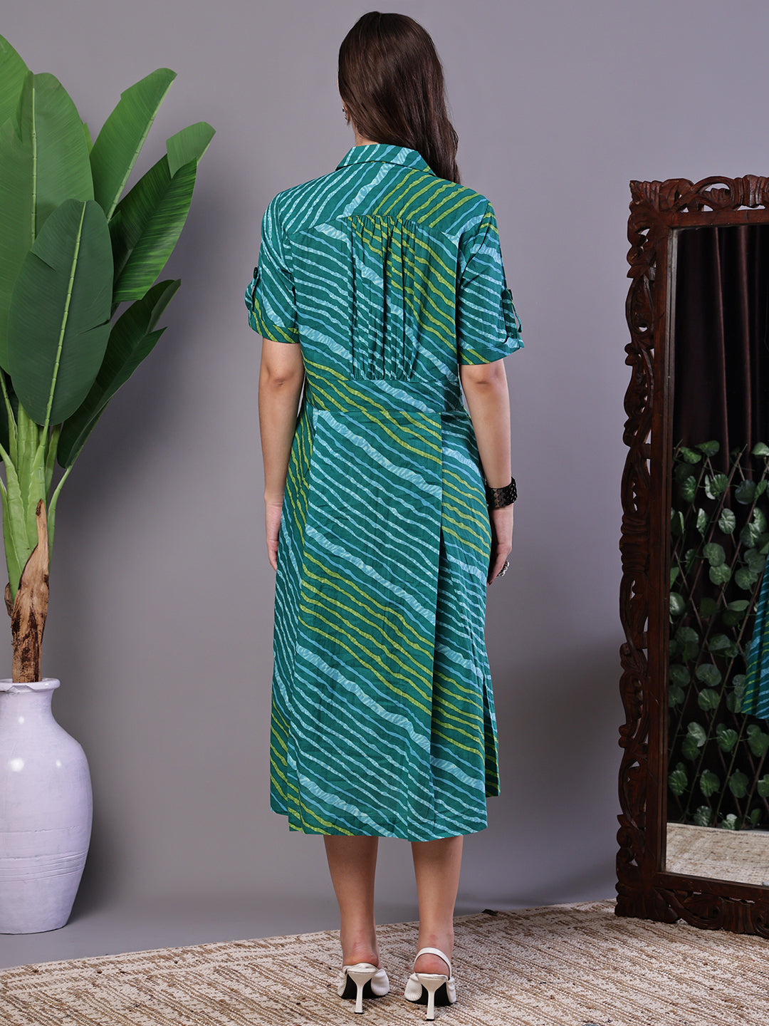 Aawari Teal Green Striped Cotton Midi Shirt Dress - Midi Dresses / Western Wear / Dresses