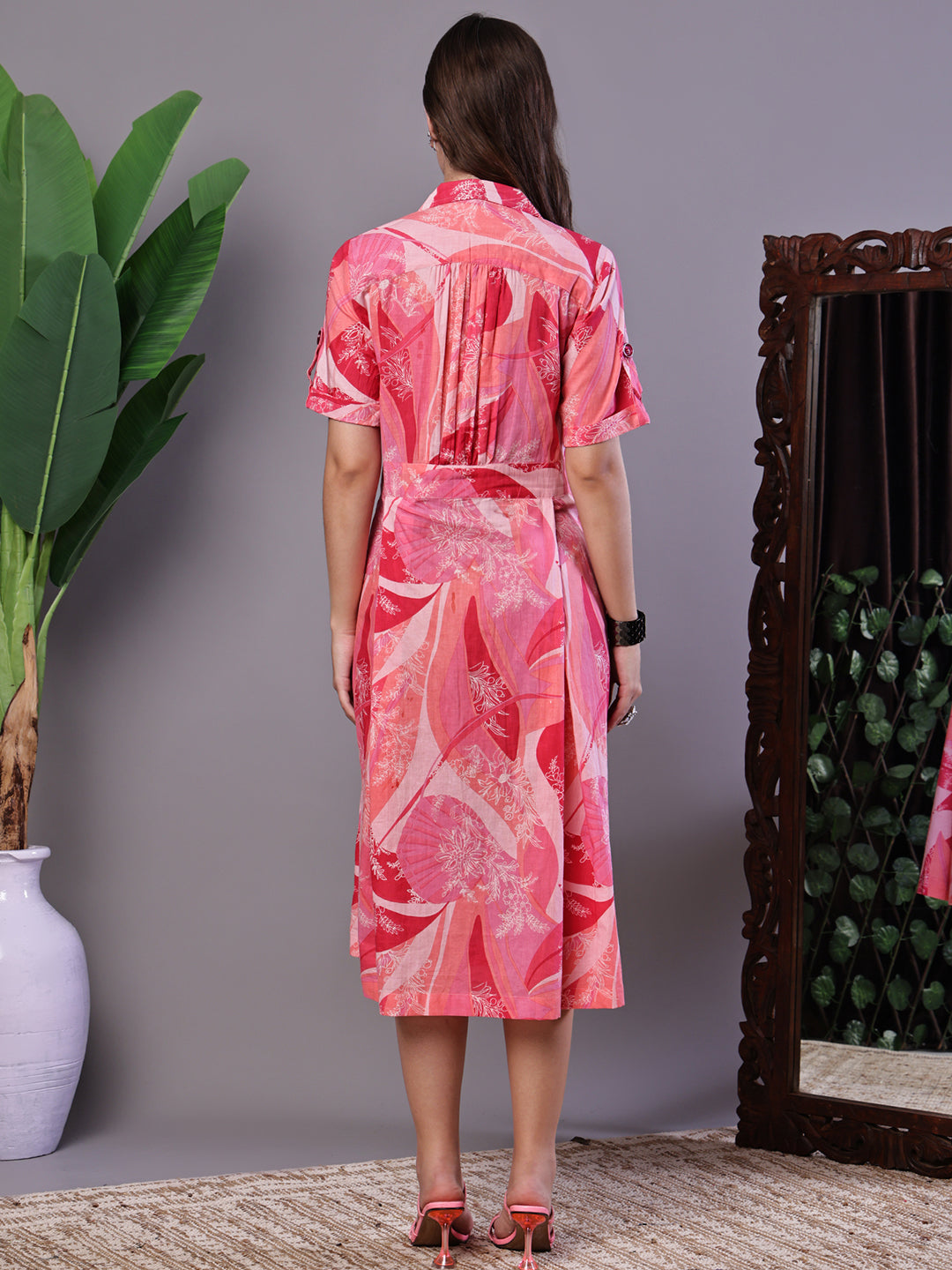 Aawari Pink Printed Cotton Midi Shirt Dress - Midi Dresses / Western Wear / Dresses