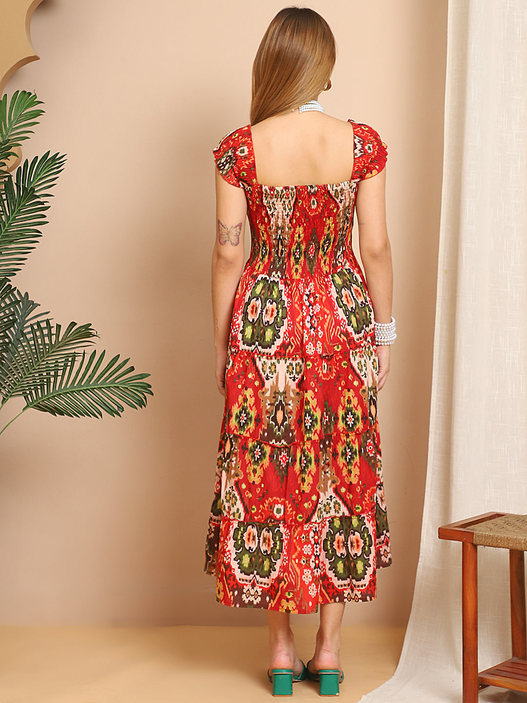 Aawari Rust Orange Ikat Cotton Midi Dresses for Women