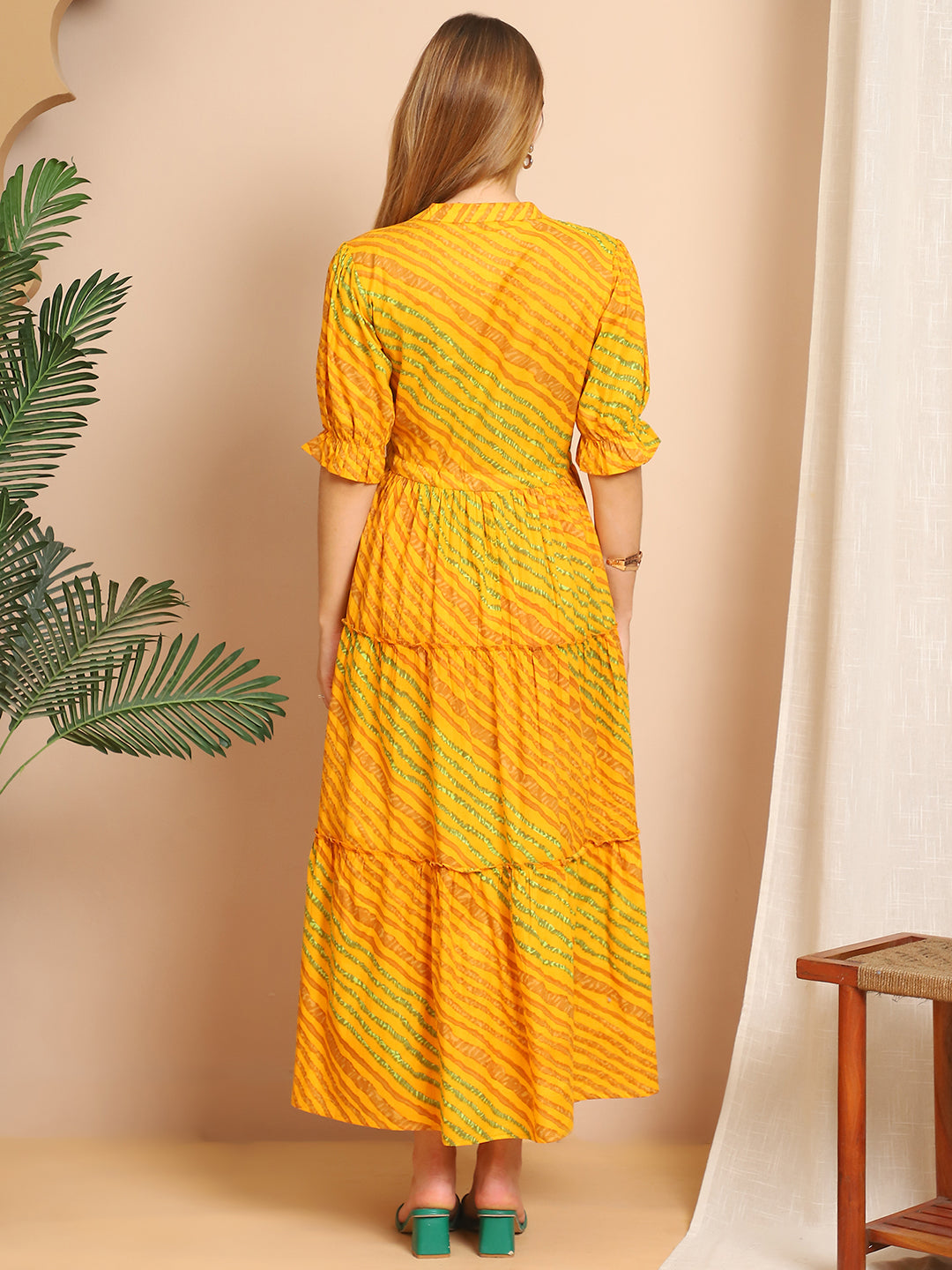 Aawari Yellow & Green Striped Cotton Tiered Maxi Dress - Dresses / Maxi Dresses / Western Wear