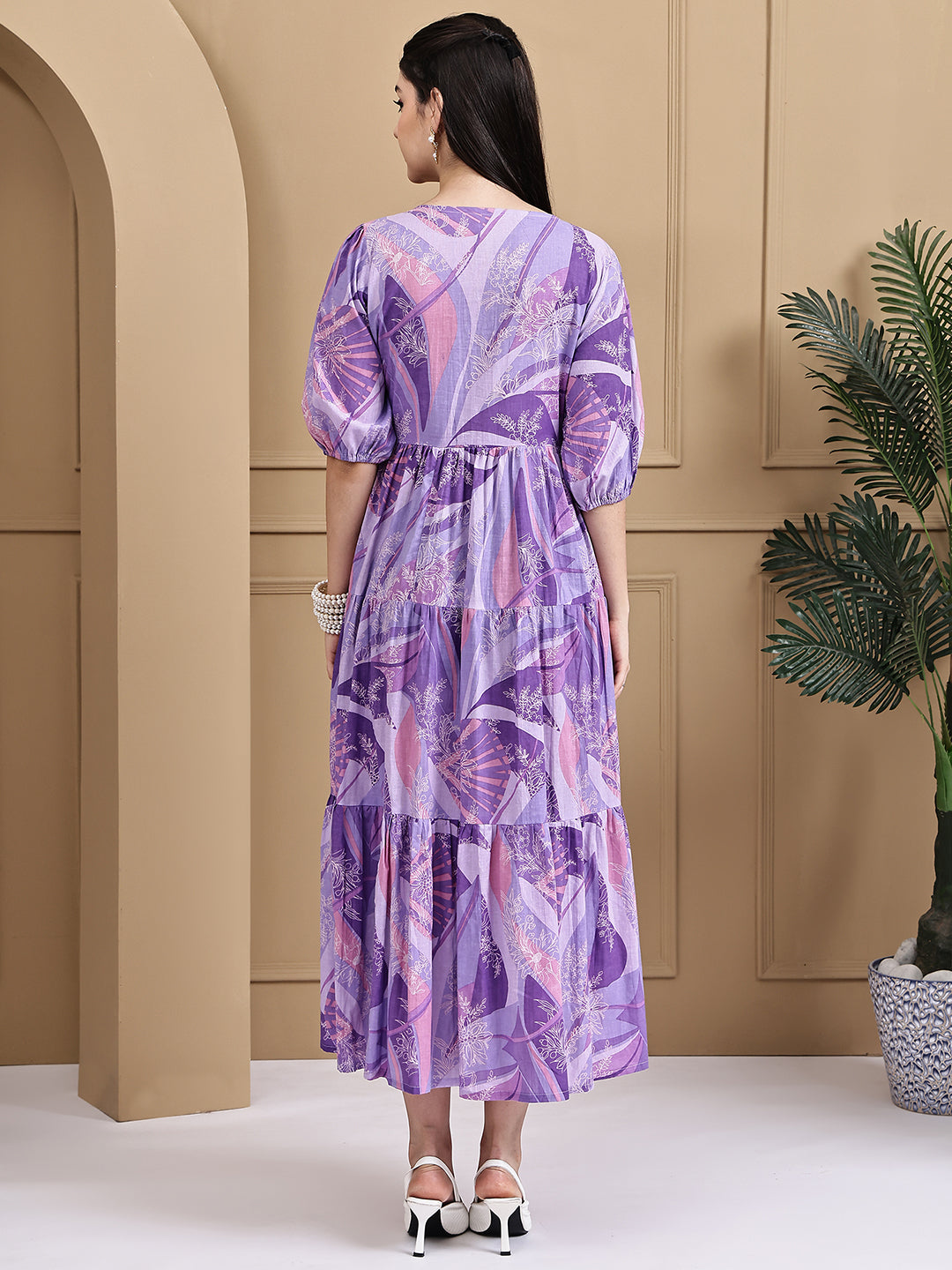 Aawari Cotton Purple Printed Knot Dresses With Puff Sleeves