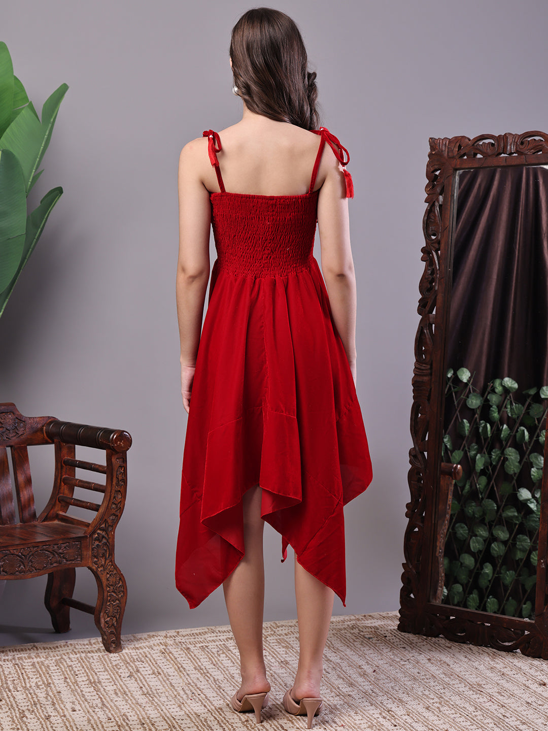 Aawari Red Junglee Pattern Velvet Handkerchief Hem Dress - Midi Dresses / Western Wear