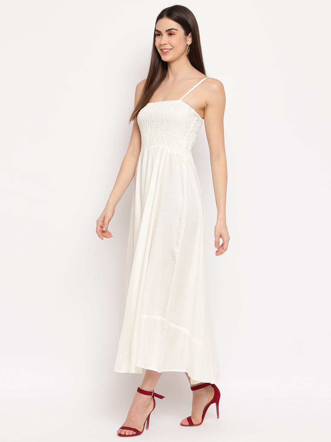 Aawari Fit & Flare Solid Bobbin Dress (OFF WHITE )