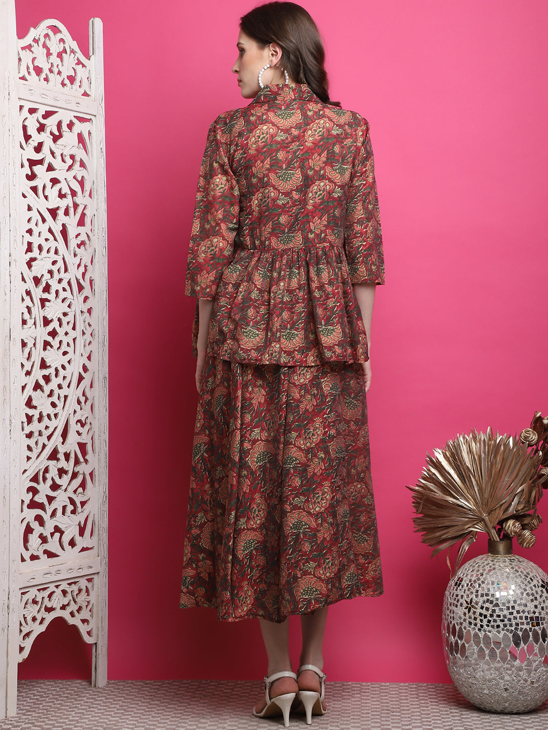 Aawari Women Chanderi Printed Dress With Shrug