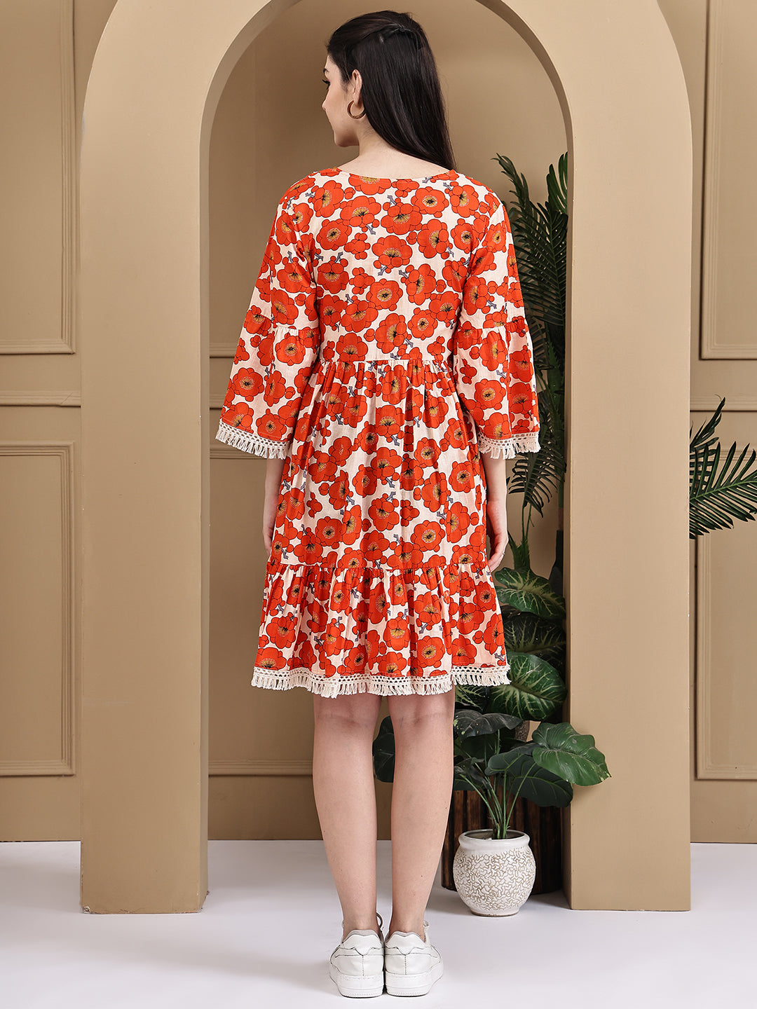Aawari Orange Flower Cotton Printed Short Dress - Midi Dress