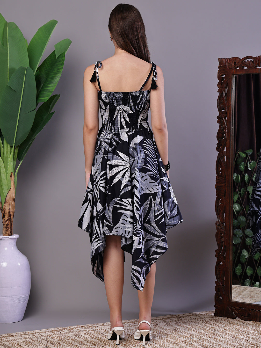 Aawari Black & White Leaf Print Cotton Handkerchief Hem Dress - Midi Dresses / Western Wear