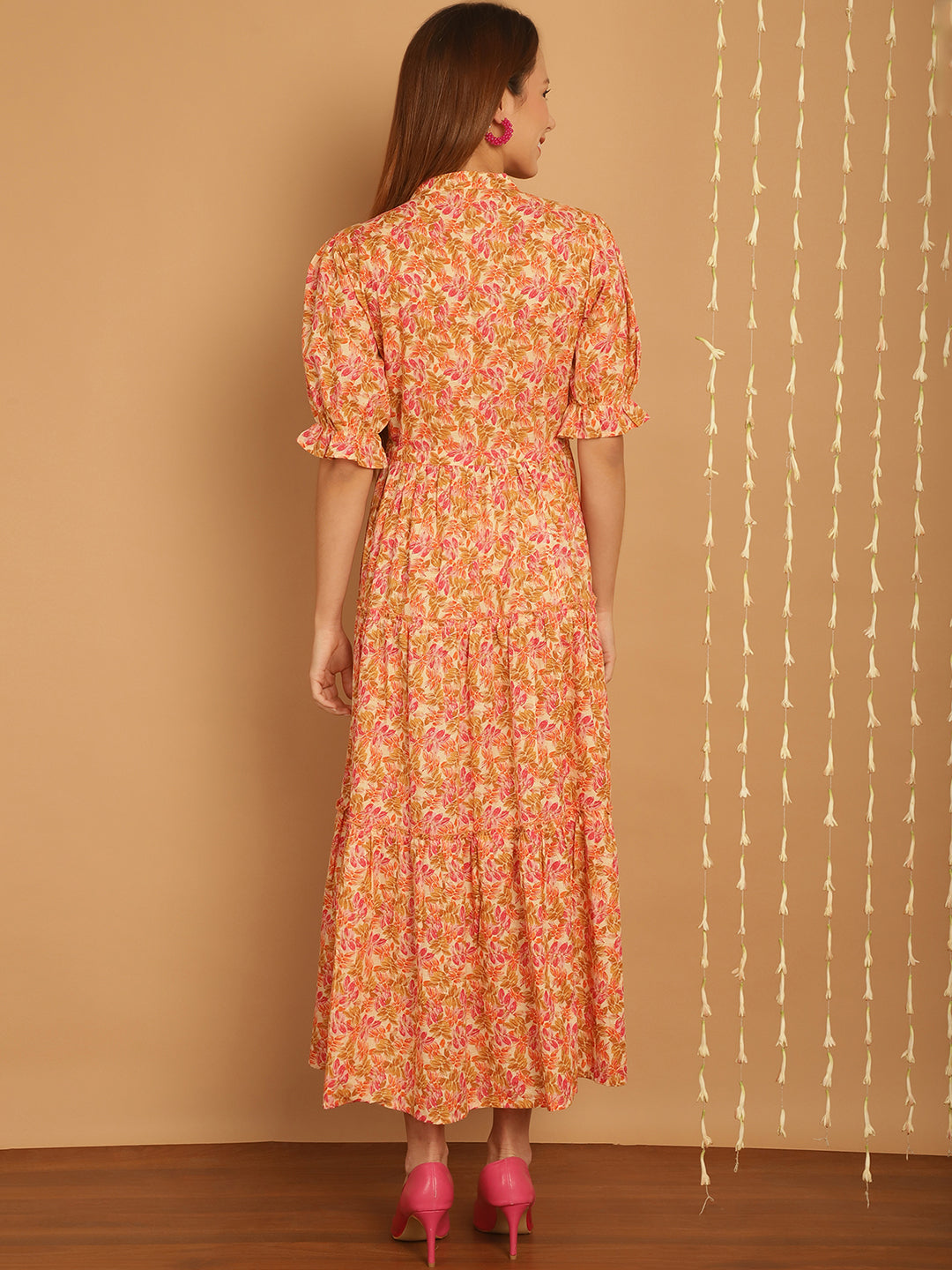 Aawari Floral Print Mandarin Collar Empire A-Line Tiered Midi Dress