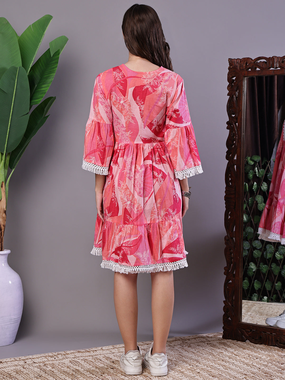Aawari Pink Bohemian 100% Cotton Fit & Flare Dress with Lace Detailing - Midi Dresses / Western Wear
