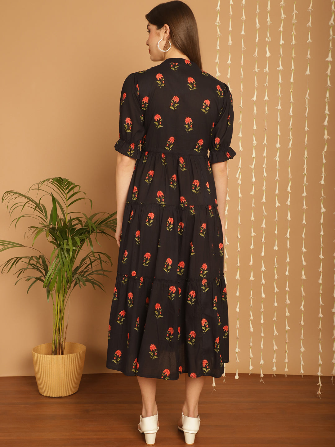 Aawari Floral Print Mandarin Collar Empire A-Line Tiered Midi Dress