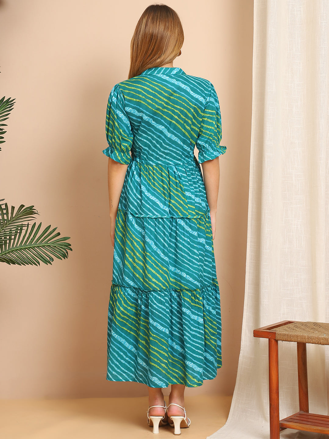 Aawari Teal & Green Striped Cotton Tiered Maxi Dress - Dresses / Western Wear / Maxi Dresses