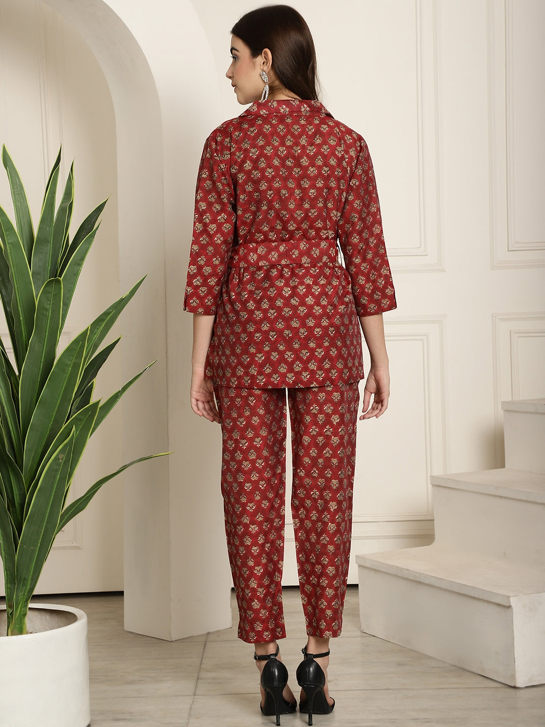 Maroon Gold Printed Chanderi Co-ord Sets with Wrap Top & Straight Pants