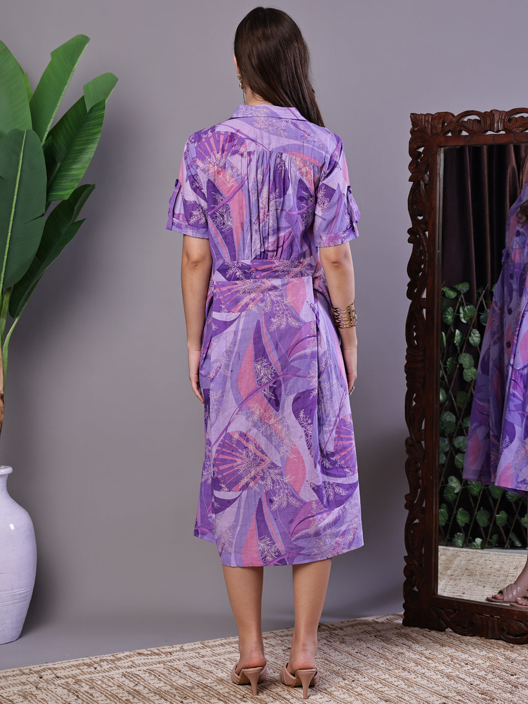 Aawari Purple Abstract Print Cotton Shirt Dress - Midi Dresses / Western Wear / Dresses