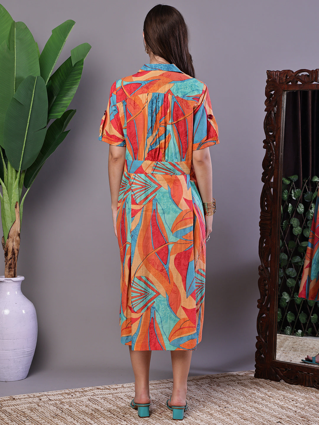 Aawari Tropical Print Button-Down Cotton Midi Dress - Midi Dresses / Western Wear / Dresses