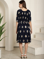 Aawari Blue & Golden Patch Printed A-Line Midi Dress With Extended Sleeves