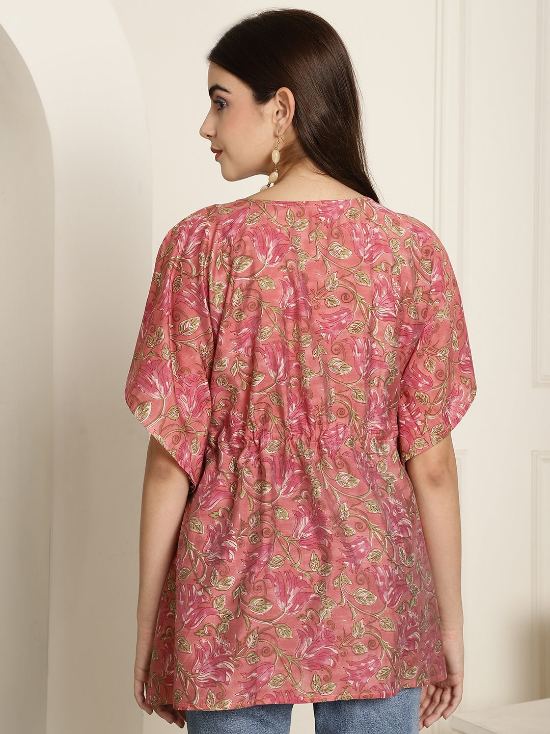 Aawari Rose Pink Floral Printed Chanderi Short Kaftaan Top