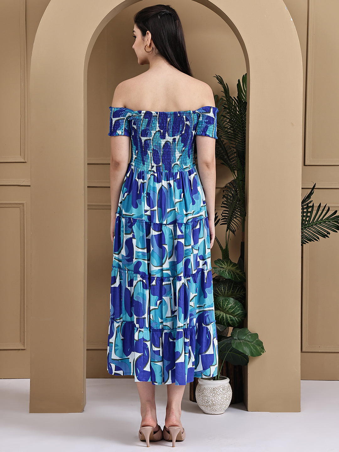 Aawari Rayon Bubbly Blue Printed Off Shoulder Dresses