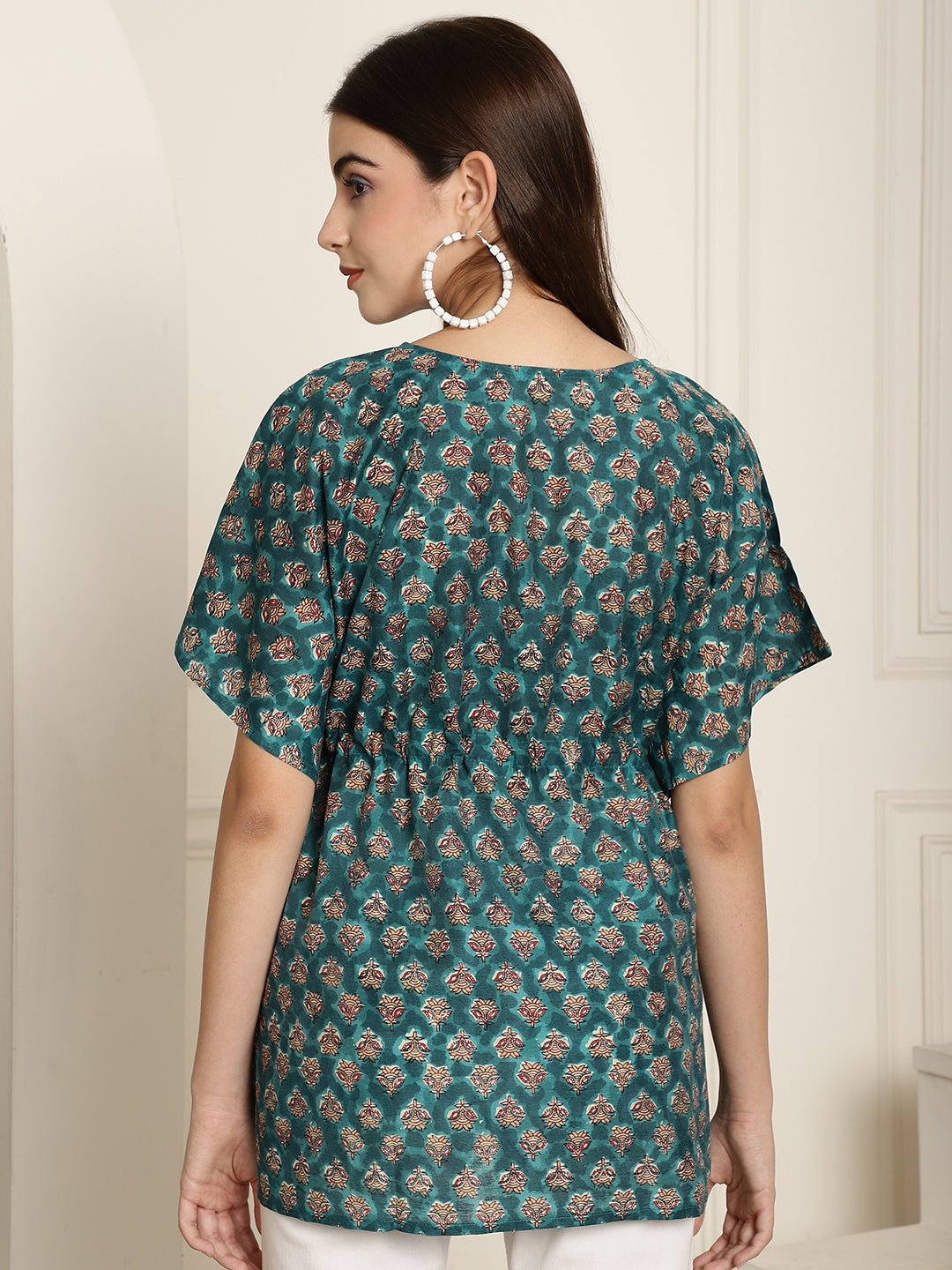 Chanderi Green Flower Printed Kaftan Top With Bell Sleeve 