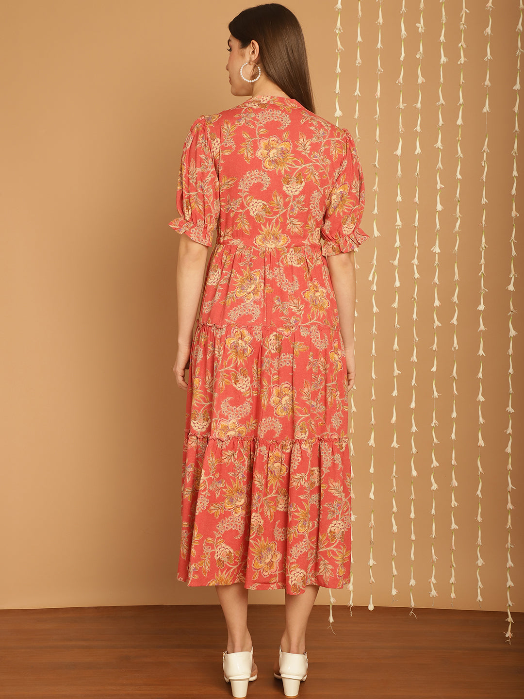 Aawari Floral Print Mandarin Collar Empire A-Line Tiered Midi Dress