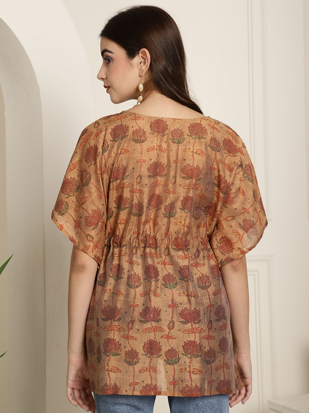 Chanderi Brown Flower Printed Kaftan Top With Bell Sleeve 