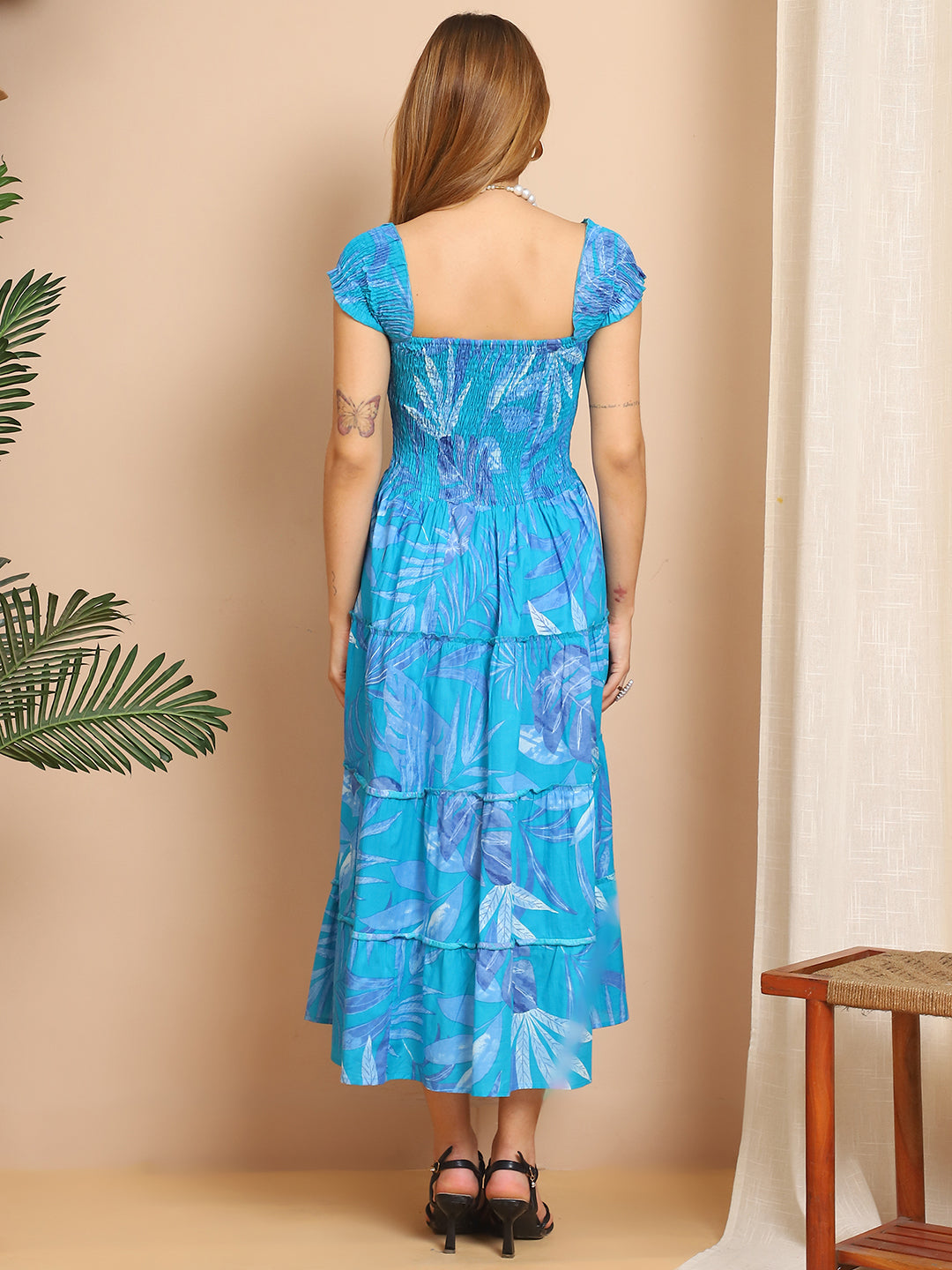 Aawari Tropical Teal Leaf Printed Cotton Smocked Dresses