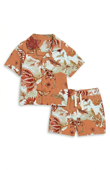 Boys Cotton Orange Floral Printed Shirt & Shorts Co-Ord Set