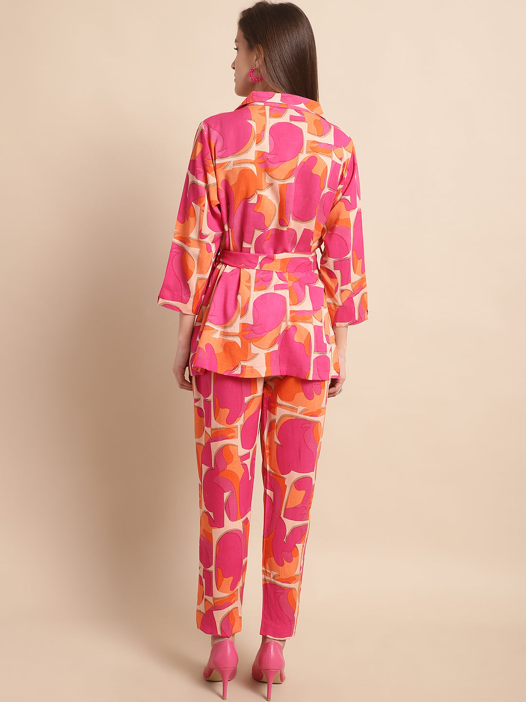 Aawari Women's Printed Co-ord Set in Pink & Orange - Rayon Casual Wear