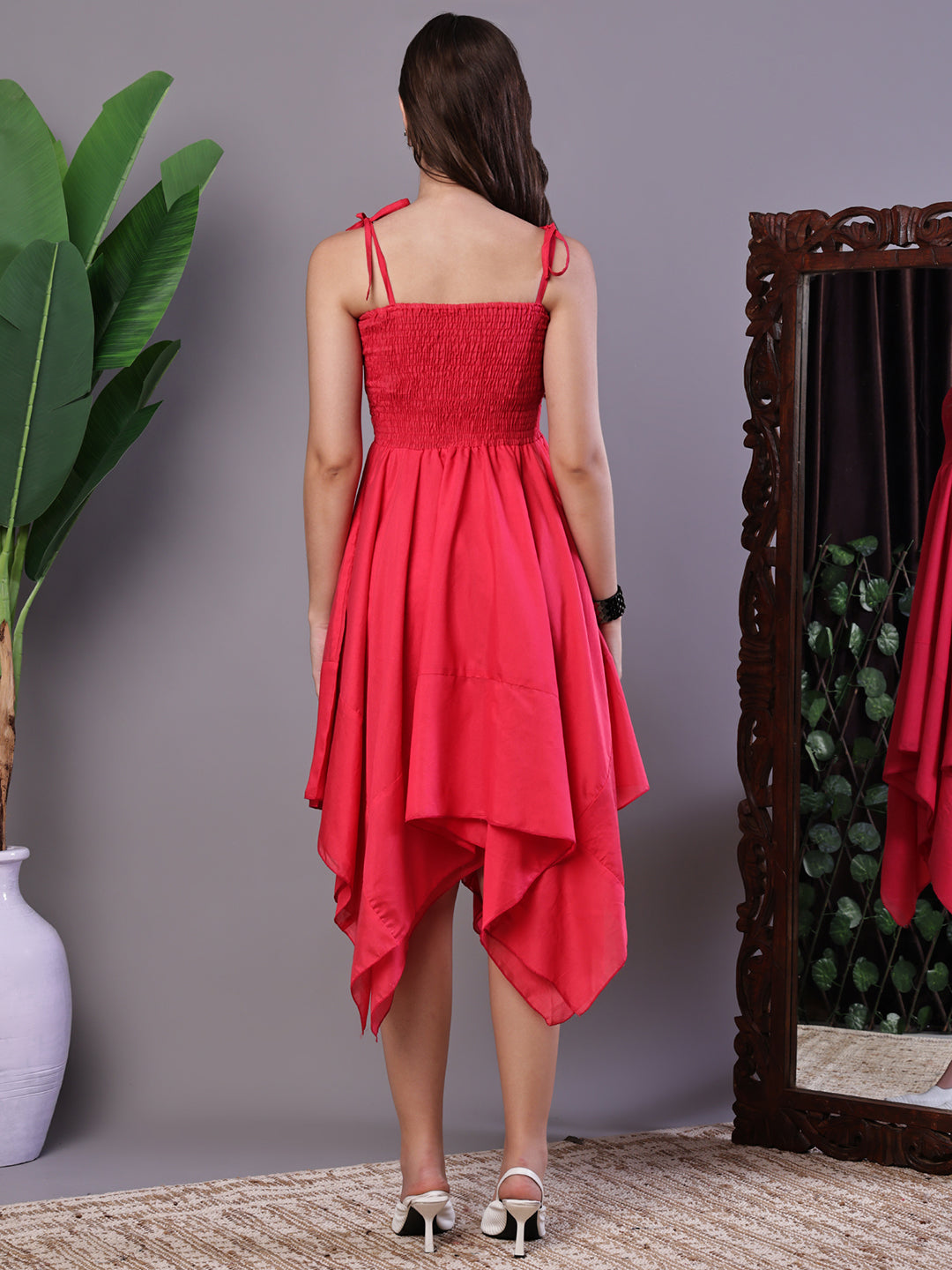 Aawari Solid Red Cotton Handkerchief Hem Midi Dress - Midi Dresses / Western Wear