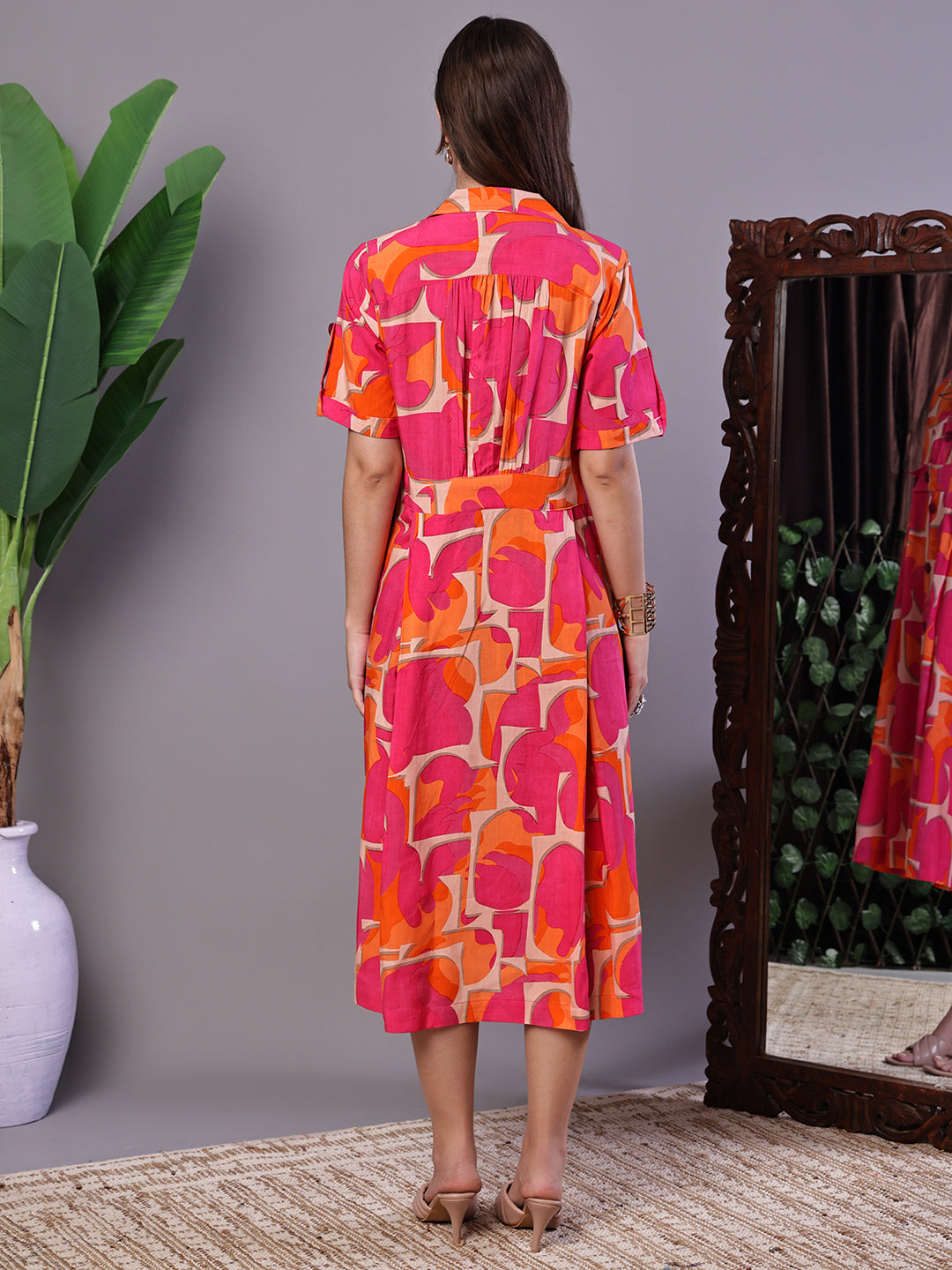 Aawari Pink & Orange Abstract Print Cotton Shirt Dress - Midi Dresses / Western Wear / Dresses