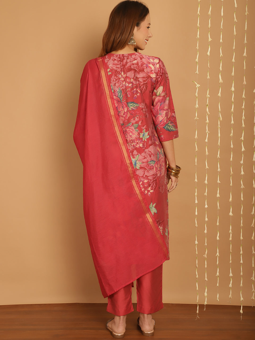 Aawari Women Chanderi Printed Three Piece Suit Set With Dupatta