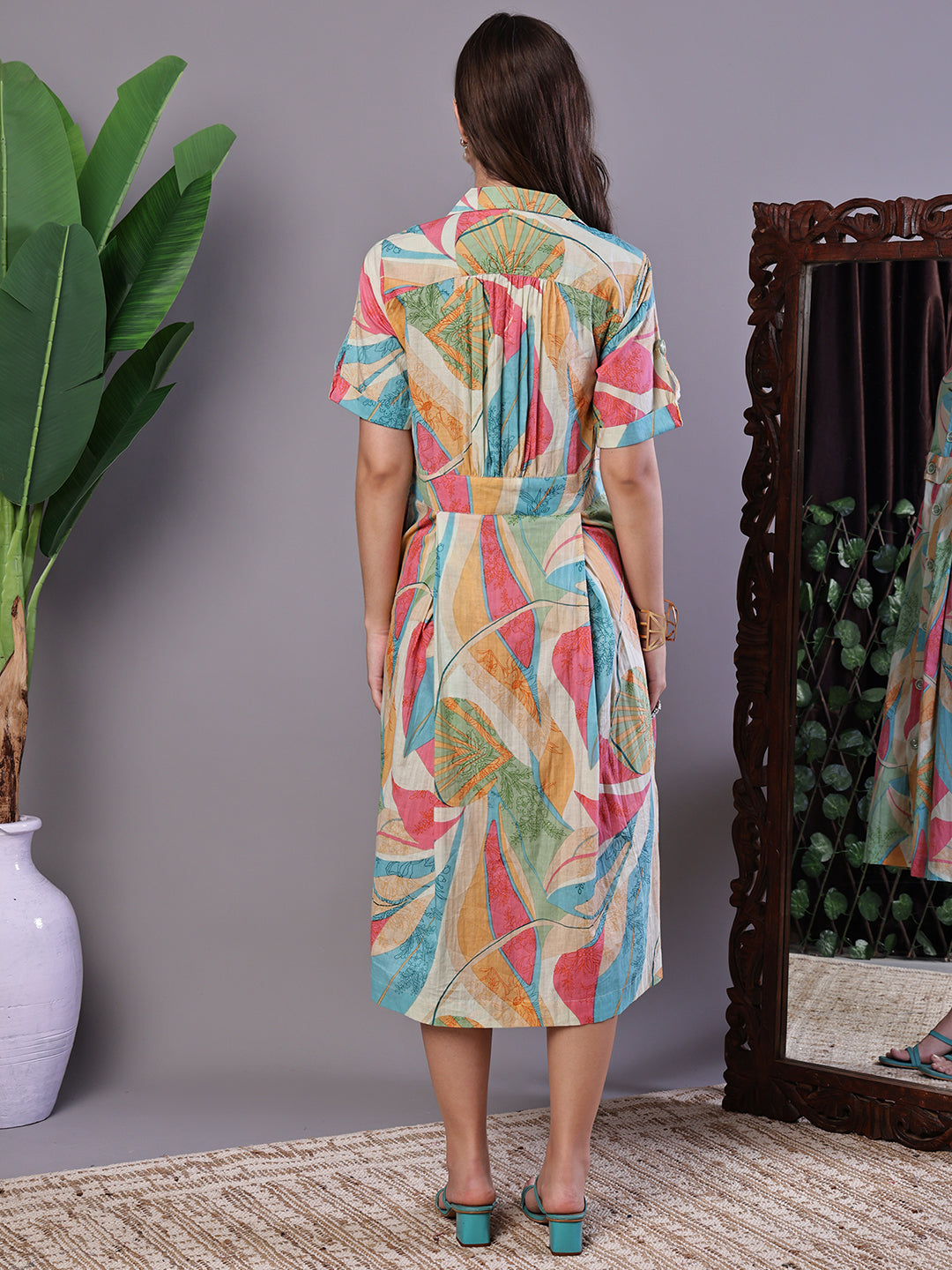 Aawari Pastel Abstract Print Button-Down Cotton Midi Dress - Midi Dresses / Western Wear / Dresses