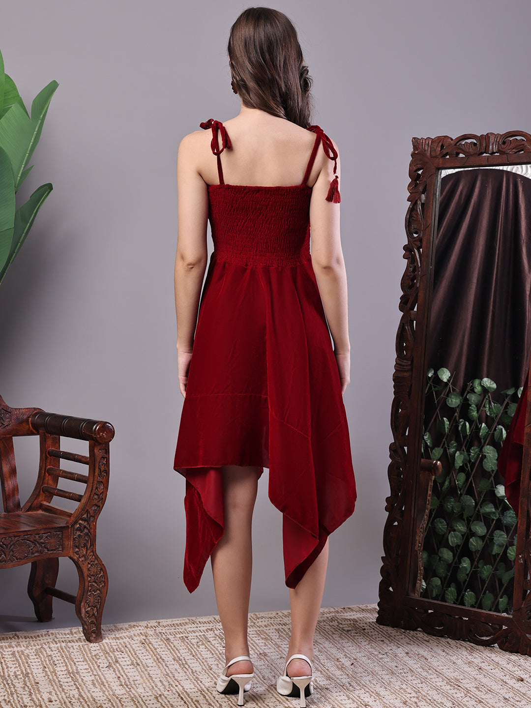 Aawari Junglee Velvet Maroon Handkerchief Hem Dress - Midi Dresses / Western Wear