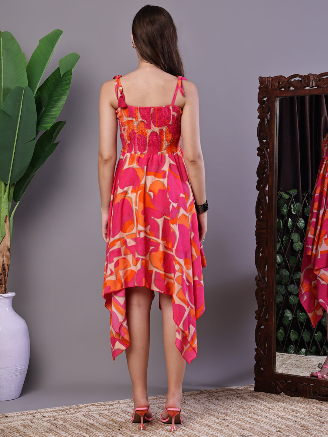 Aawari Orange & Pink Printed Cotton Handkerchief Hem Dress  - Midi Dresses / Western Wear