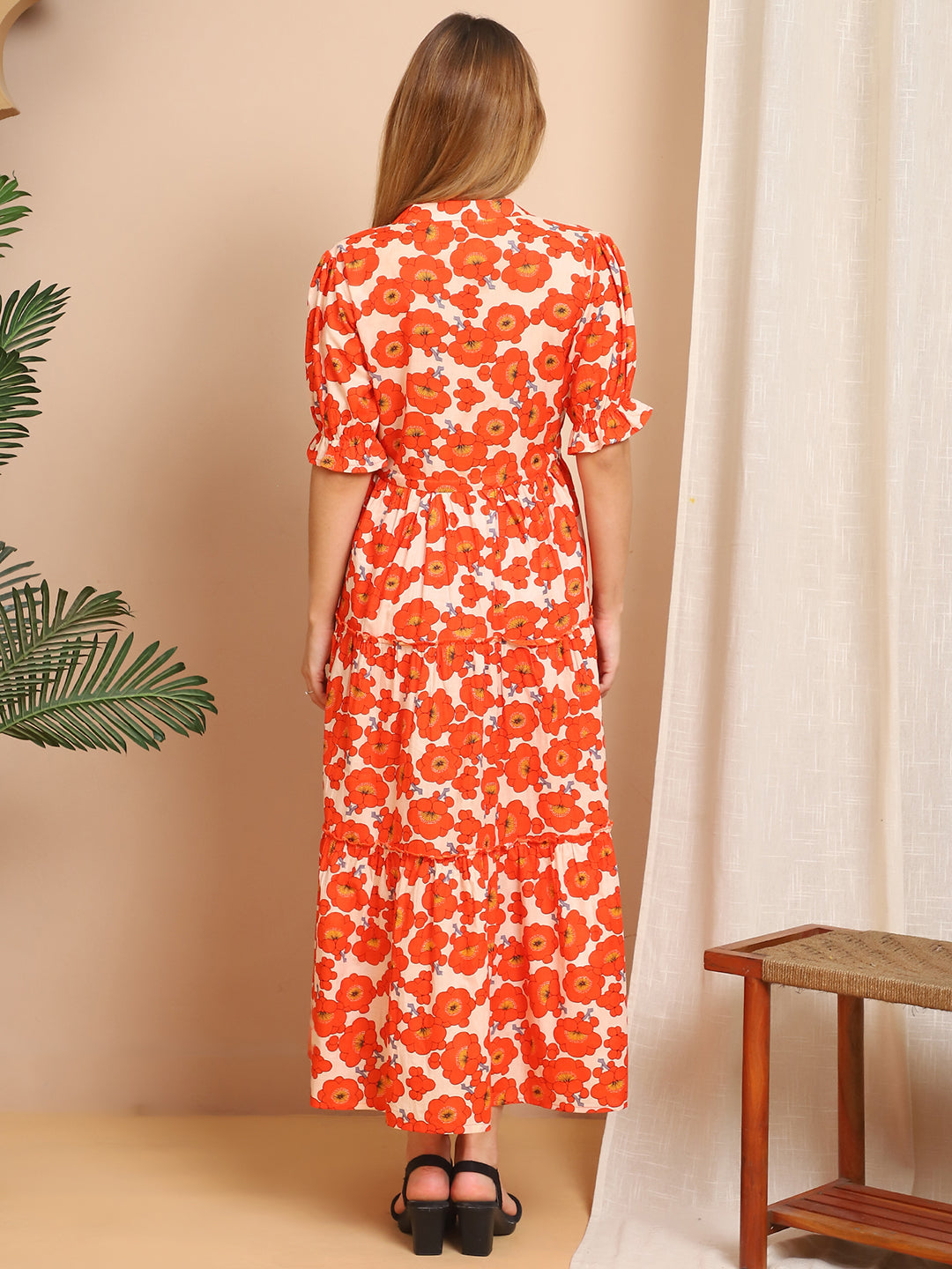 Aawari Orange & White Floral Cotton Tiered Maxi Dress - Dresses / Maxi Dresses / Western Wear