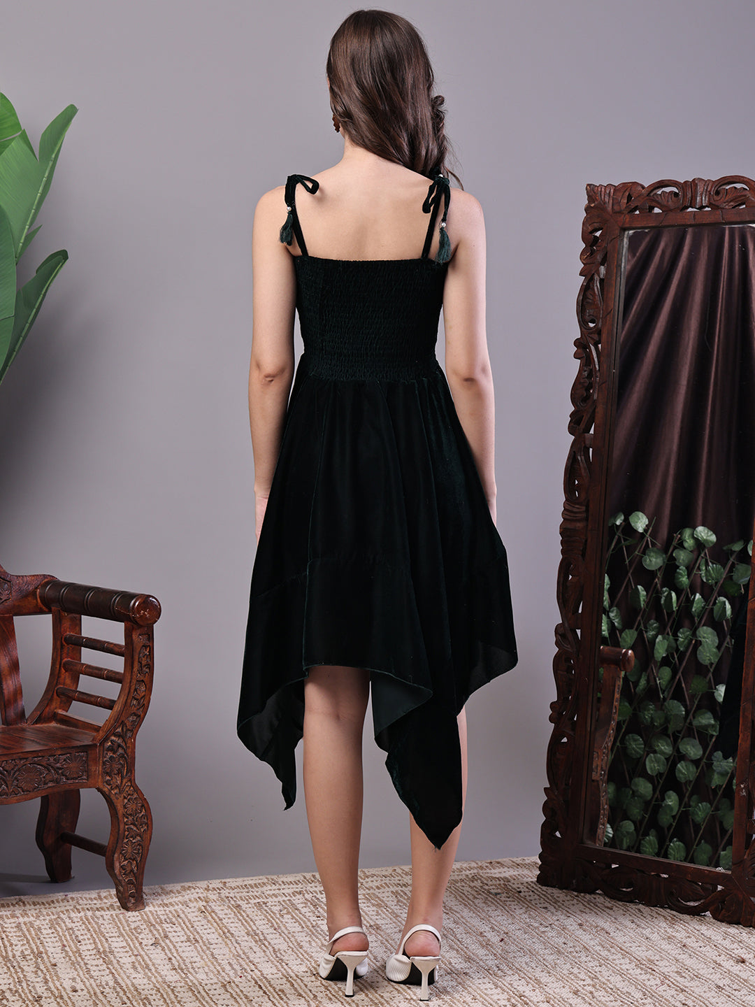 Aawari Bottle Green Junglee Pattern Velvet Handkerchief Hem Dress - Midi Dresses / Western Wear