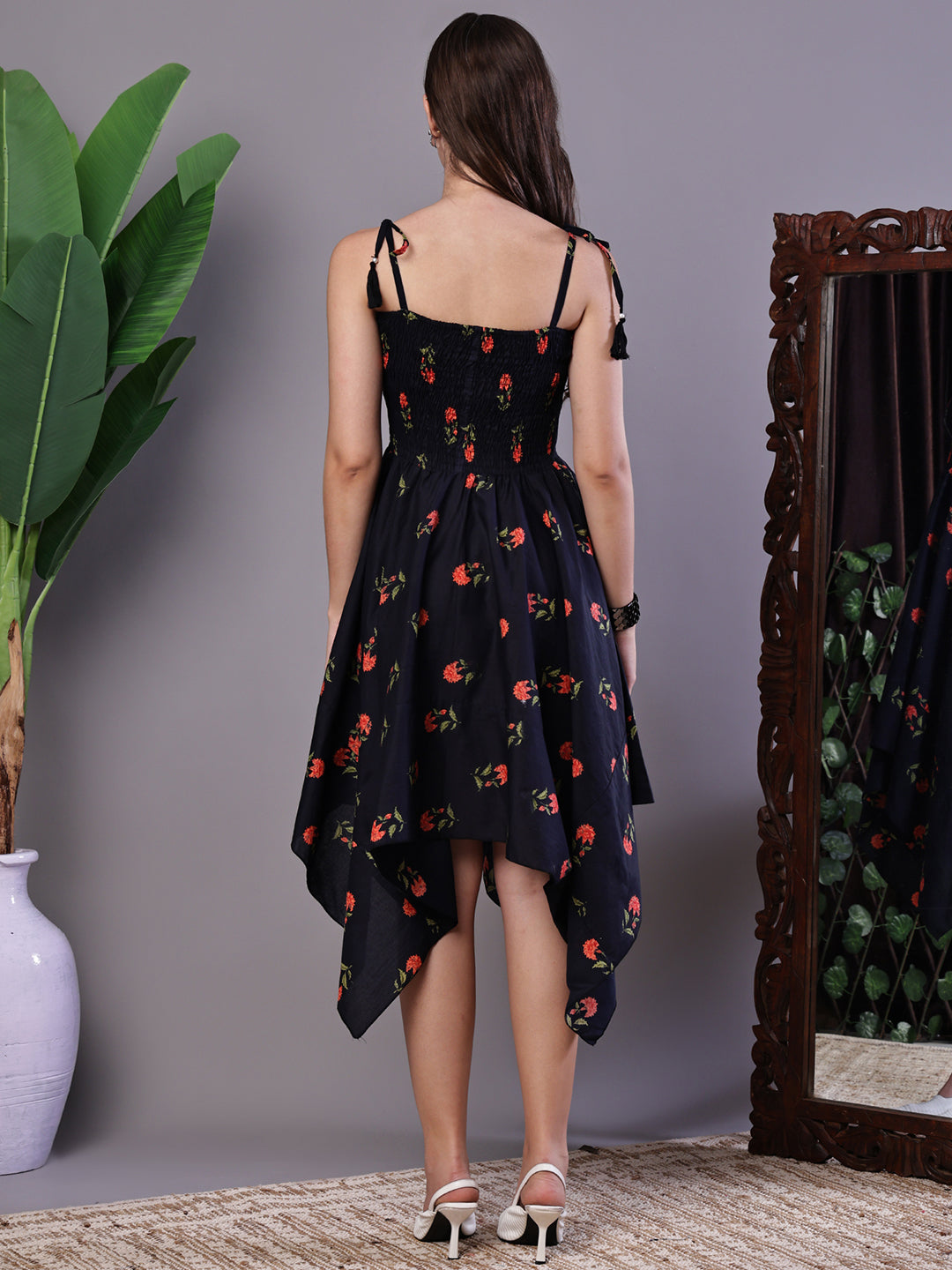 Aawari Navy Printed Smocked Asymmetrical Hem A-Line Dress - Midi Dresses / Western Wear