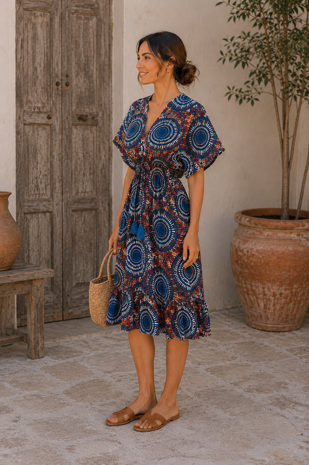 Women’s Blue Ethnic Printed Smocked Waist Midi Dress