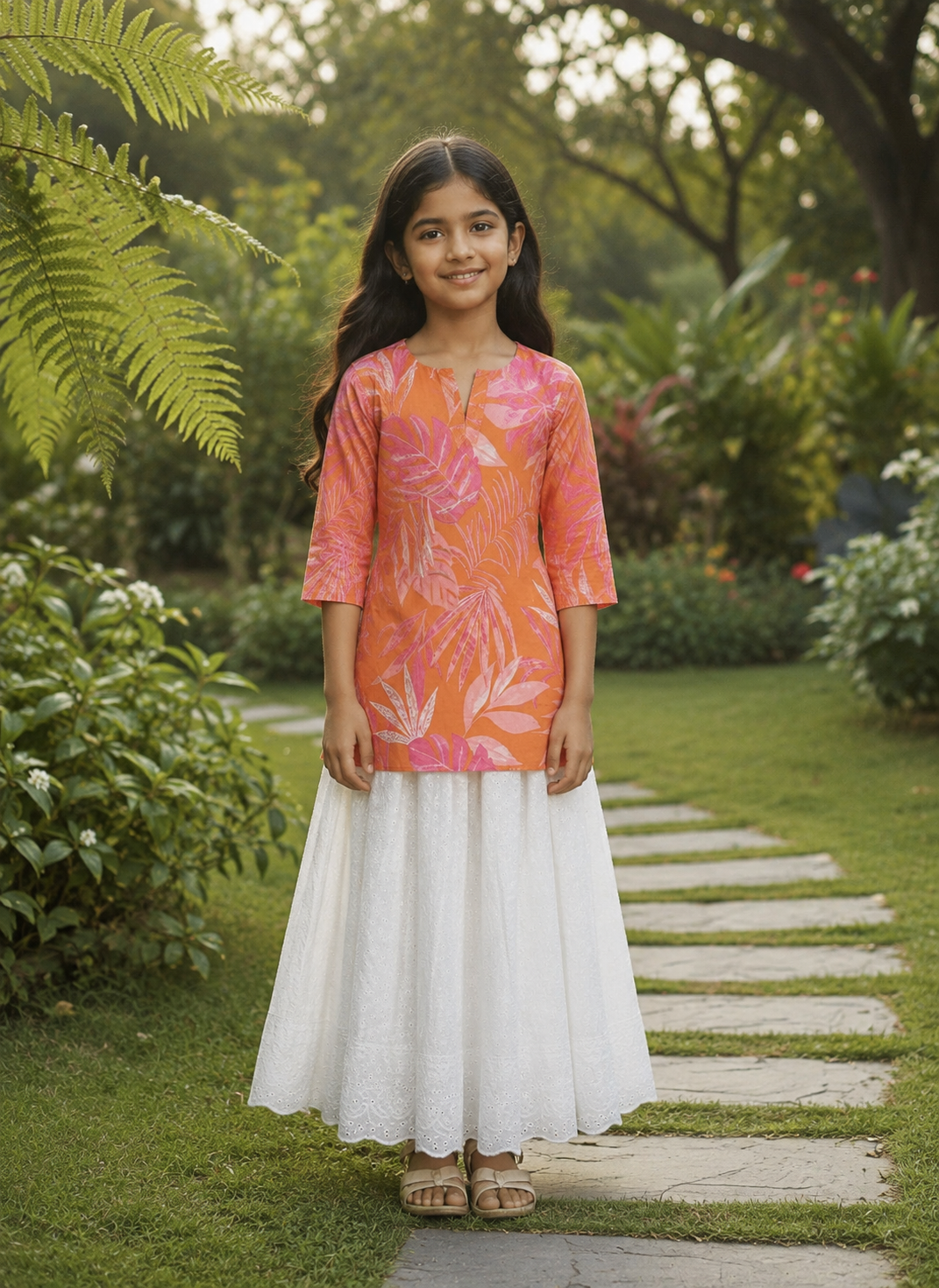 Girl's Peach Orange Floral Printed Kurta with White Flared Skirt Set