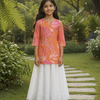 Girl's Peach Orange Floral Printed Kurta with White Flared Skirt Set