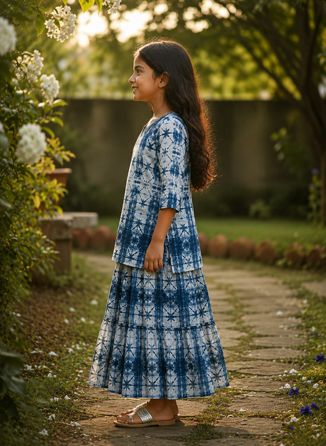 Girl's Blue Printed Kurta with Tiered Flared Skirt Co-ord Set