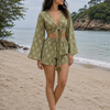 Women’s Olive Green Printed Cotton Beach Wear Set with Bell Sleeve Tie-Up Top & Tassel Shorts