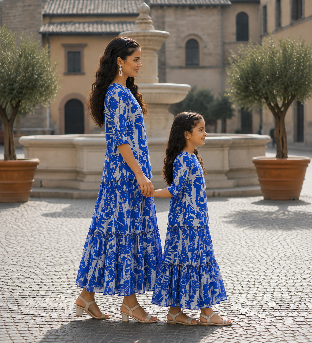 Mom & Daughter Blue Printed Kurta & Tiered Skirt Matching Co-ord Set