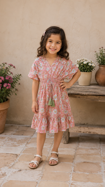 Baby Girls Peach Floral Printed Smocked Waist Flared Dress